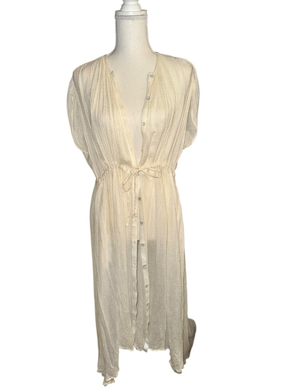 Free People Cream Sheer Button-Front Tie-Waist over dress, short sleeve duster